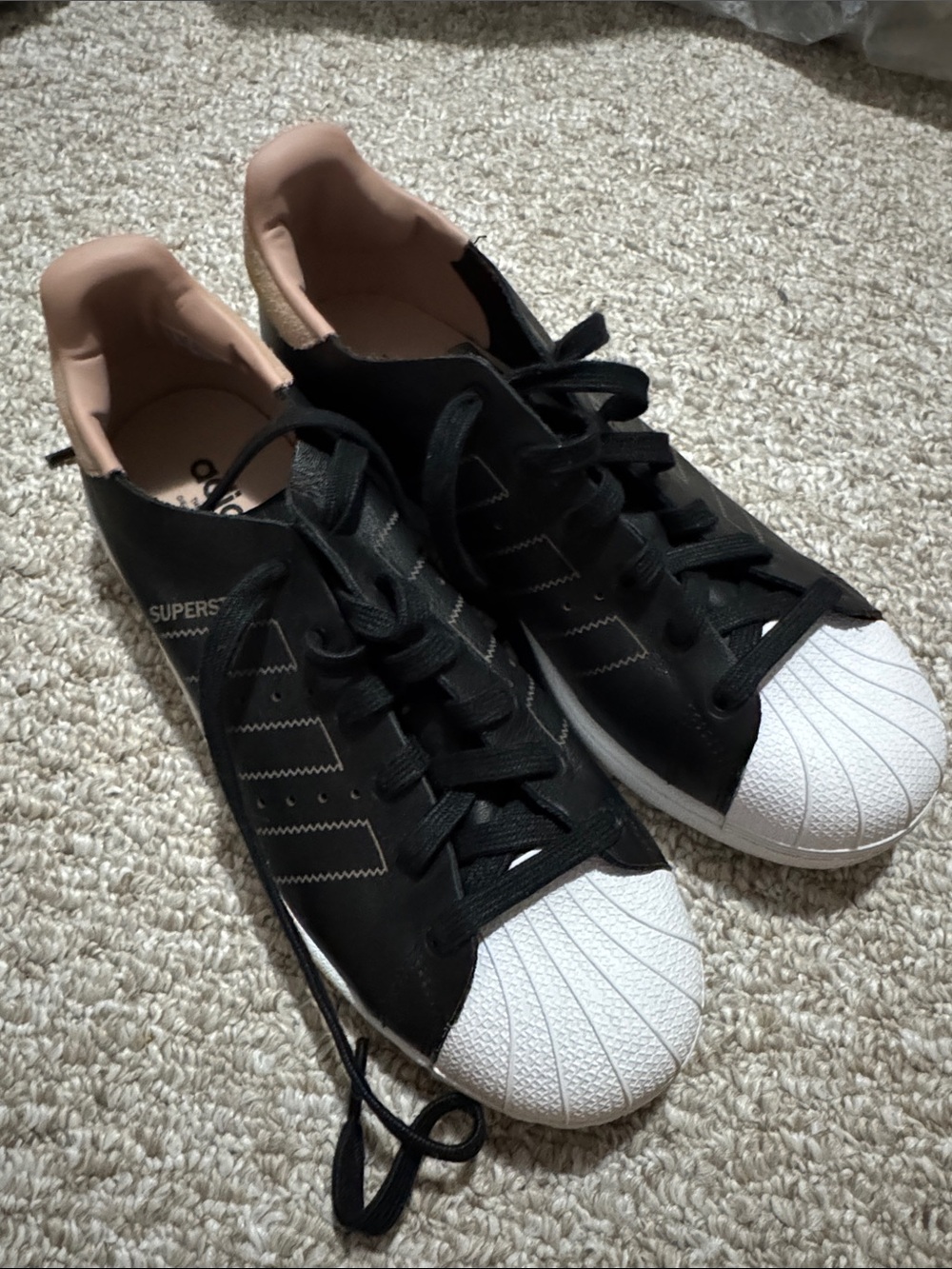 adidas Black & White Superstars with Pale Pink Lining